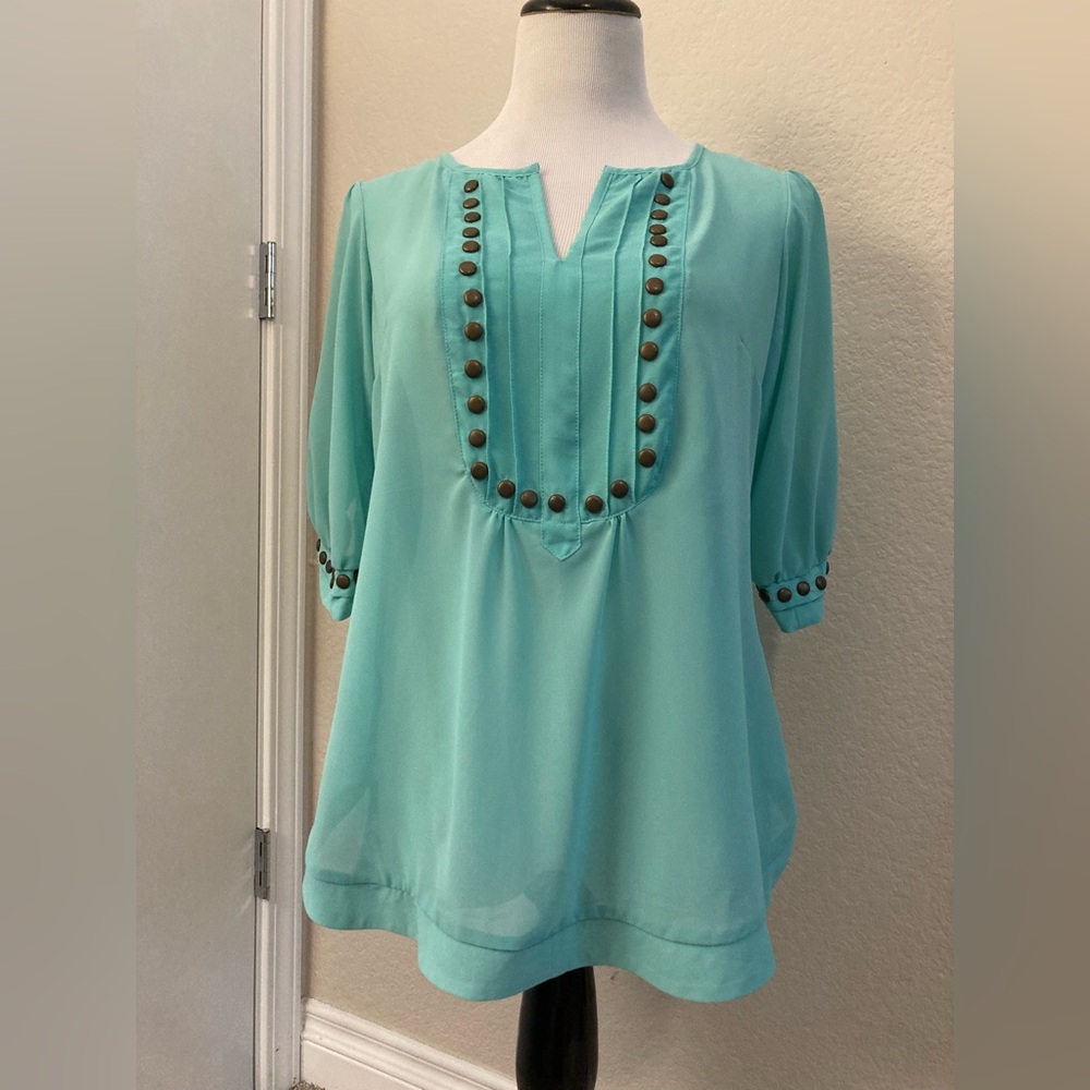 Angie Turquoise Blouse with Brown Accents